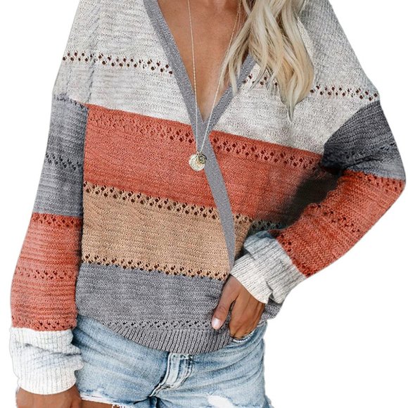 Gray Color Block Deep V Neck Wrap Sweater - Picture 4 of 7